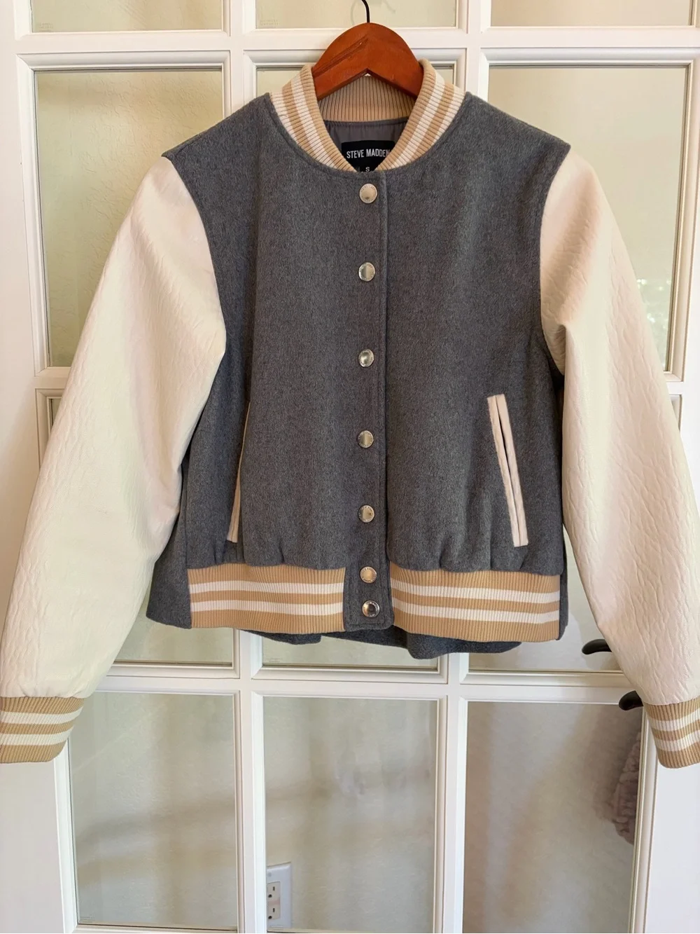 Steve Madden Womens Gray & Cream Varsity Jacket